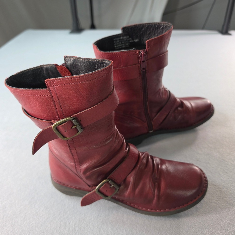 Red Leather Slouch Mid-Calf Boots Size 6.5 Wide Calf Portugal Boho Biker